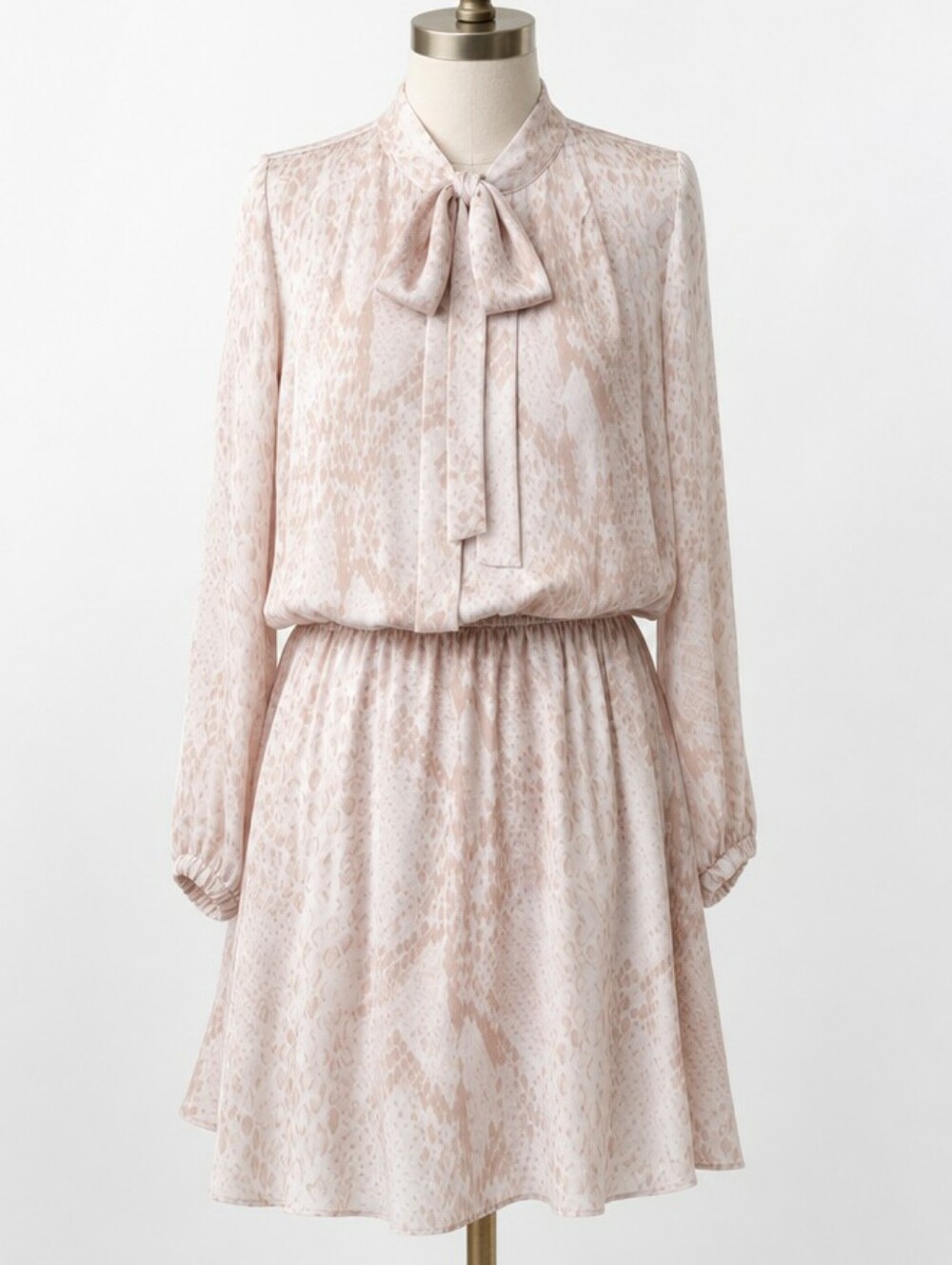 PARKER Silk Long Sleeve Dress • Blush Pink Cream Snake Print • Pussybow • Medium - Picture 1 of 16